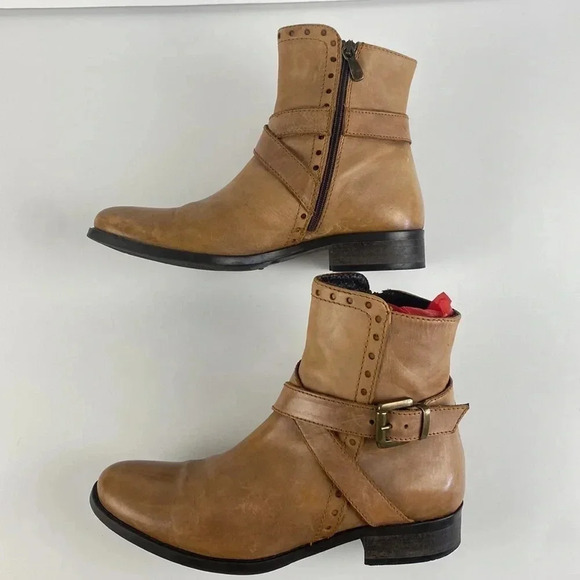 Brown tan genuine leather eyelet buckle low heel round toe ankle bootie sz 36 - Picture 10 of 17